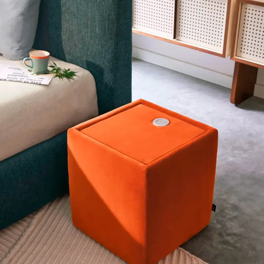 Elegant Bolzan Letti Ares nightstand crafted with vibrant orange textile and matte finish