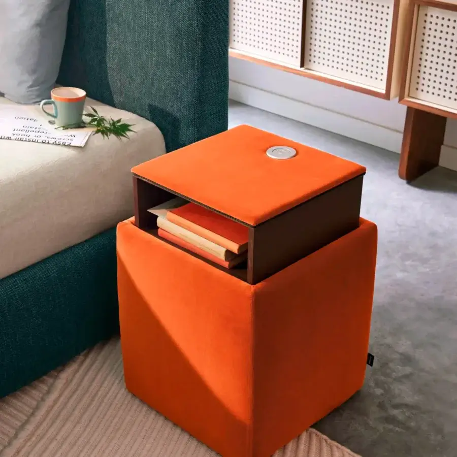 Distinguished Bolzan Letti Ares nightstand crafted in Italy with bright orange textile and matte finish