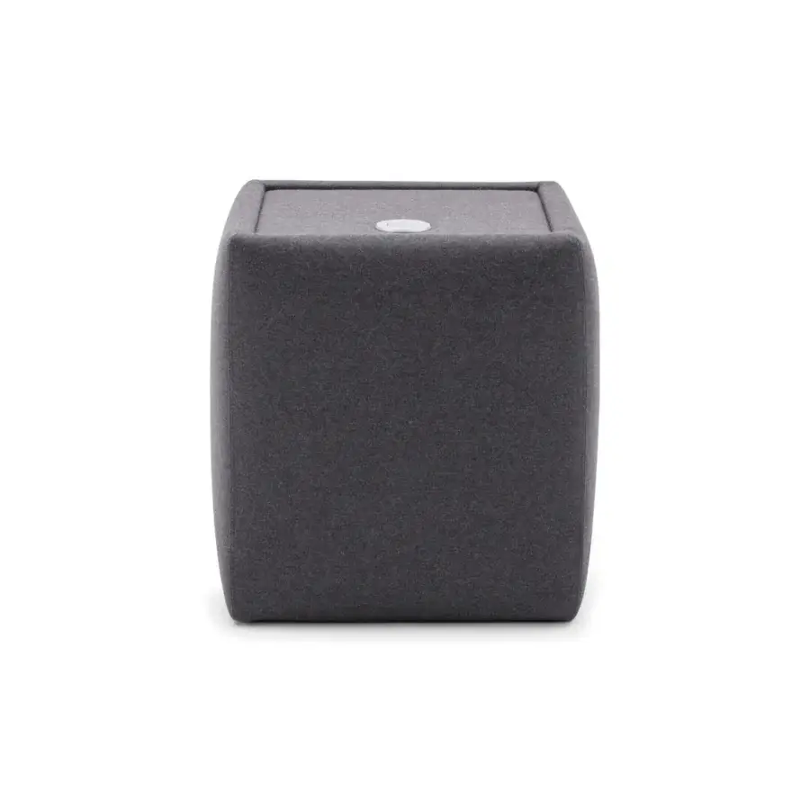 Exceptional Bolzan Letti Ares nightstand, a cube-shaped design upholstered in dark gray textile with a matte finish and subtle circular detail