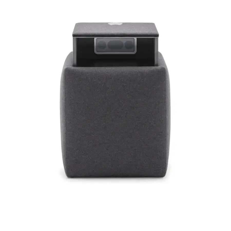 Elegant Bolzan Letti Ares nightstand, a cubic form built with dark gray textile and a recessed matte component