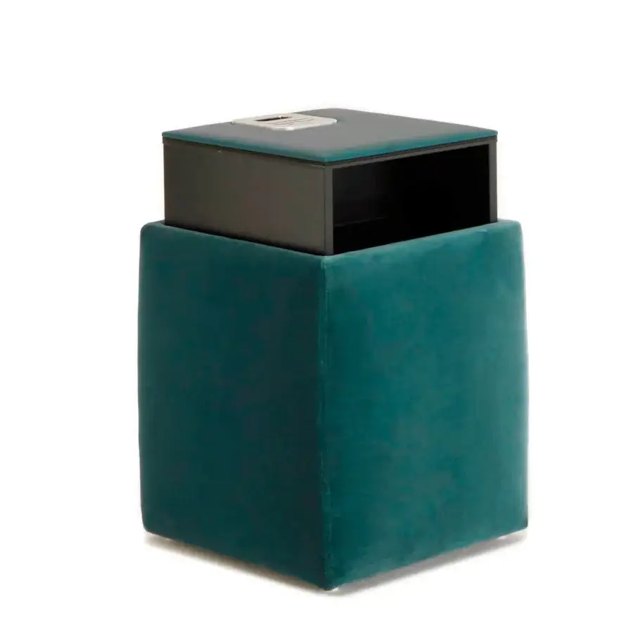 Exceptional Bolzan Letti Ares nightstand with plush teal velvet upholstery and dark brown recessed shelving