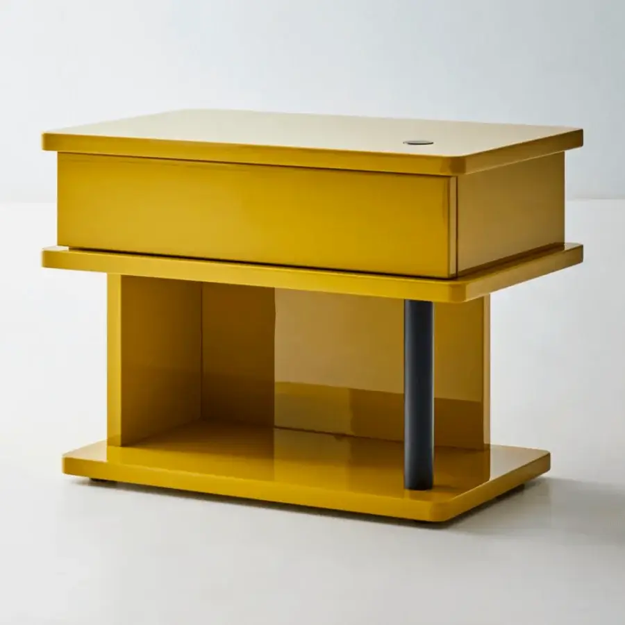 Distinguished Bolzan Letti Dominic nightstand crafted in Italy with yellow lacquered HDF, showcasing geometric forms and glossy finish