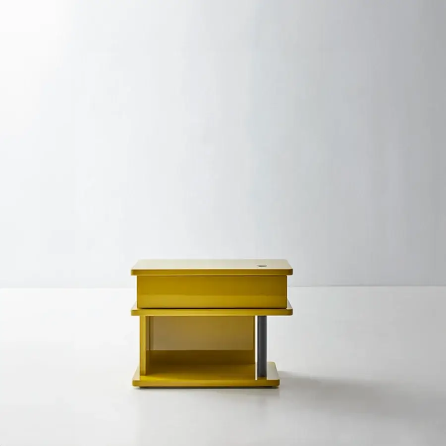 Elegant Bolzan Letti Dominic nightstand built with mustard yellow lacquered HDF and a matte grey leg