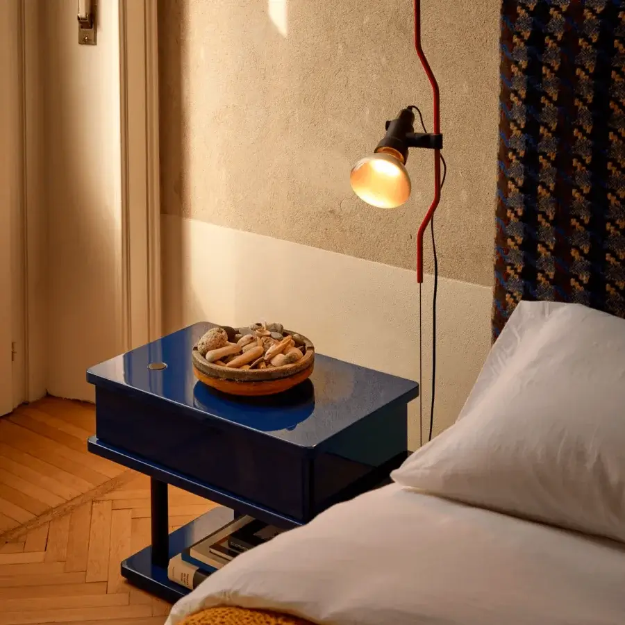 Distinguished Bolzan Letti Dominic nightstand crafted with glossy blue lacquered HDF, boasting a single drawer and open shelf