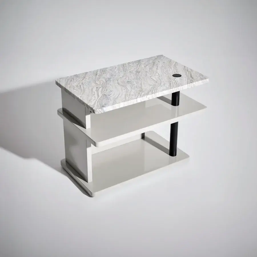 Superior Bolzan Letti Dominic side table crafted in lacquered HDF with marbled stone-like top and crisp white frame