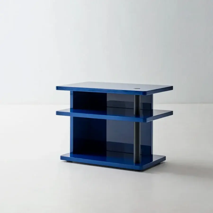 Elegant Bolzan Letti Dominic side table in glossy blue lacquered HDF with dark gray metal supports and functional shelf