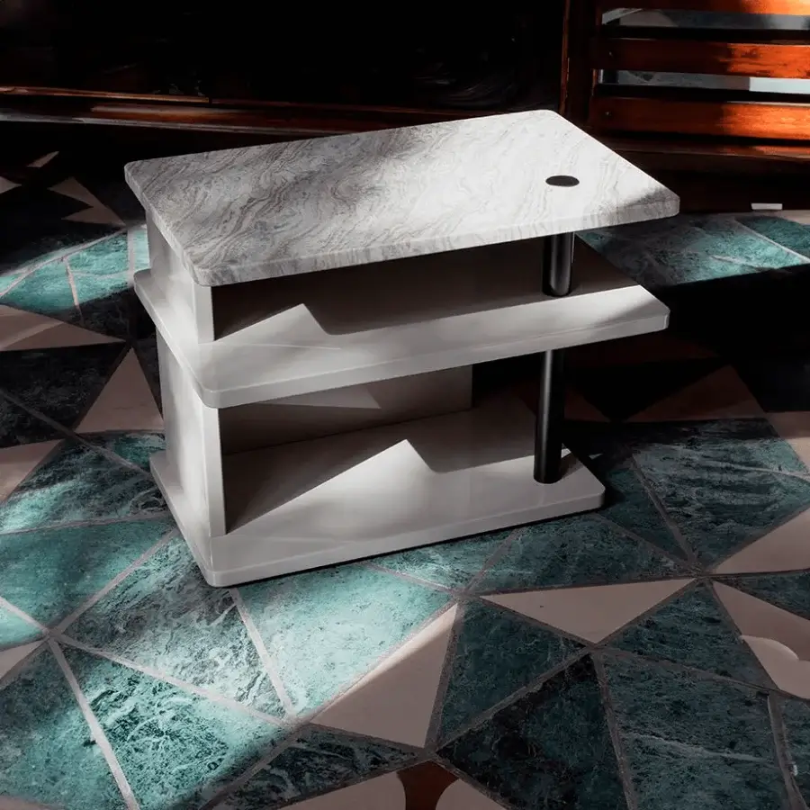 Distinguished Bolzan Letti Dominic side table with swirling gray and white marble-style top and lacquered white HDF crafted with dark cylindrical legs