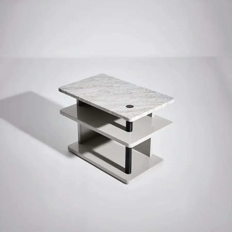 Exceptional Bolzan Letti Dominic side table with marble-resembling top and light gray matte lacquered HDF tiers built with dark supports