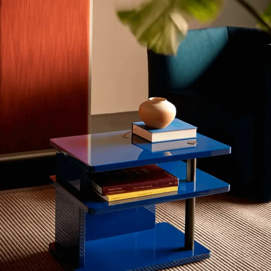 Avant-garde Bolzan Letti Dominic side table in glossy blue lacquered HDF with geometric multi-tiered design