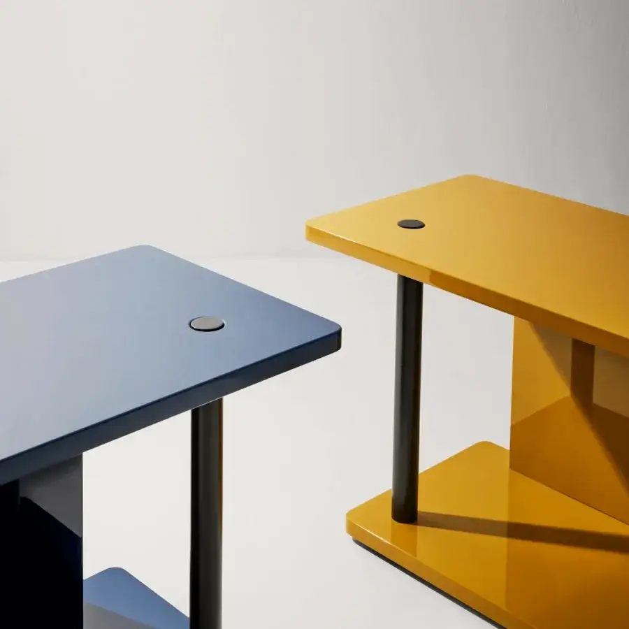 Distinguished Bolzan Letti Dominic side table in glossy blue lacquered HDF with a dark cylindrical leg crafted in Italy