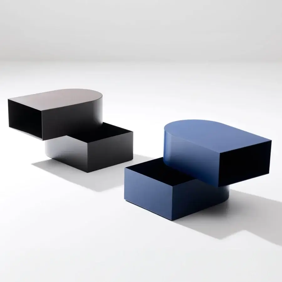 Superior Bolzan Letti Abside nightstand with stacked geometric forms in black matte lacquered metal crafted in Italy
