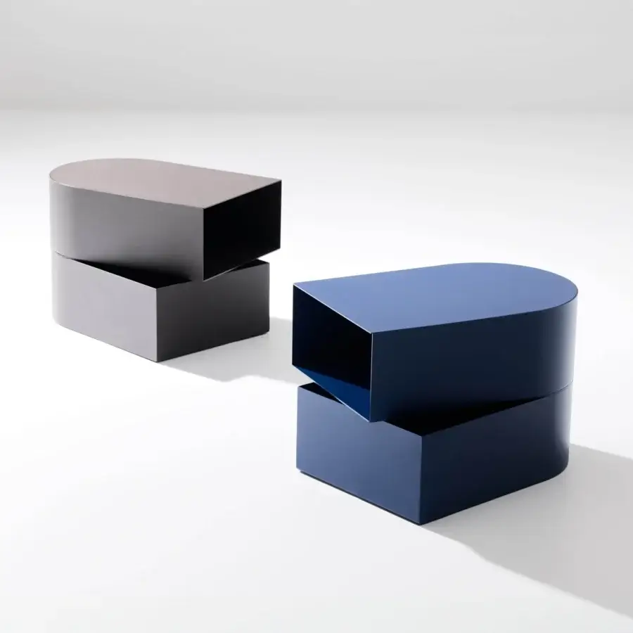 Distinguished Bolzan Letti Abside night table crafted in navy-blue metal with a smooth matte lacquered finish and hidden compartment