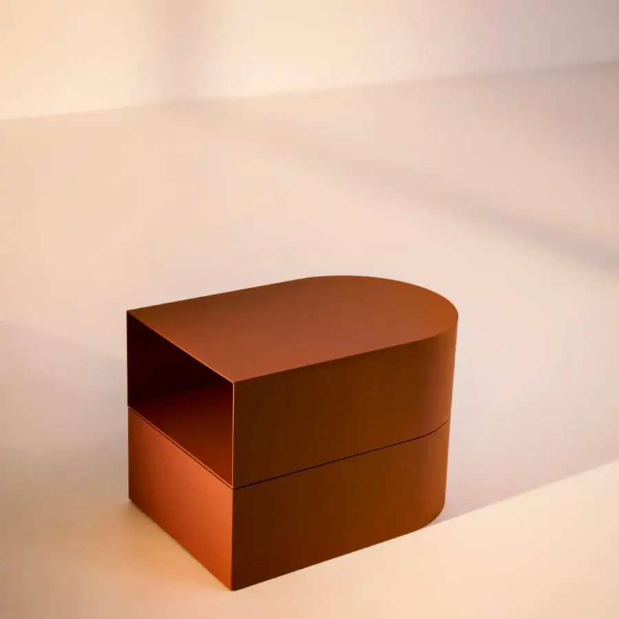 Exceptional Bolzan Letti Abside nightstand crafted from reddish-brown metal with a matte lacquered finish revealing a rotating compartment