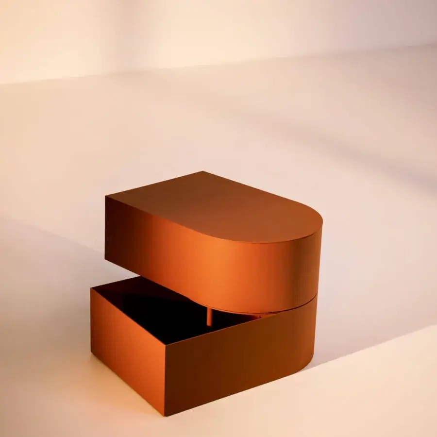 Exceptional Bolzan Letti Abside night table in warm orange metal with a matte lacquered finish and hidden compartment