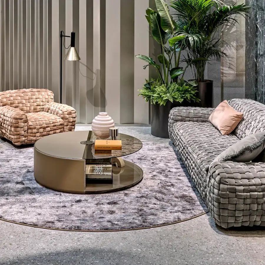 Exceptional Turri Azul lounge chair with hand-woven pink or beige velvet upholstery and striking basket weave texture