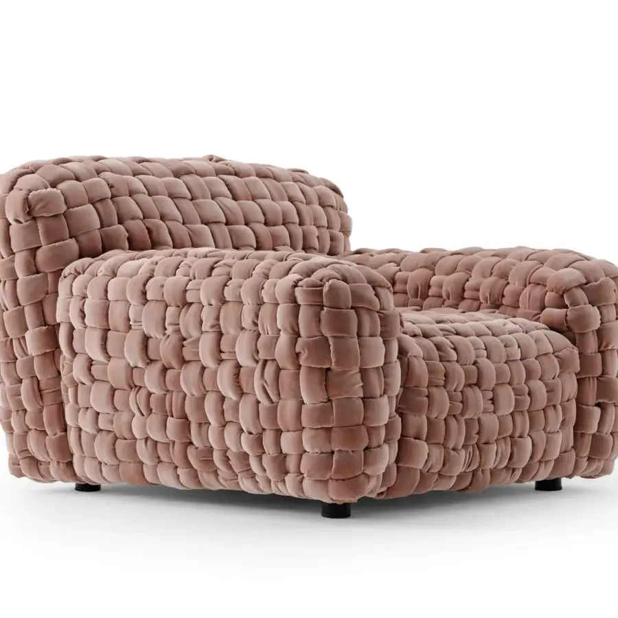 Distinguished Turri Azul lounge chair with muted rose velvet and distinctive hand-woven texture crafted in Italy