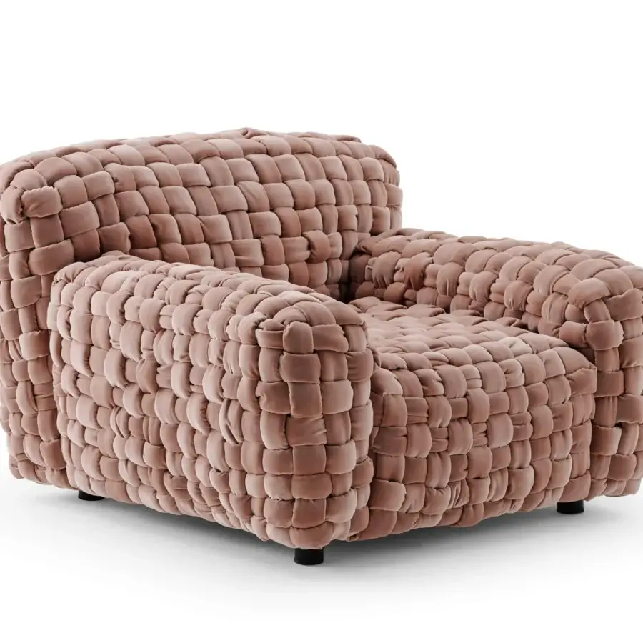 Exceptional Turri Azul lounge chair in dusty rose velvet with unique handcrafted macro weave design