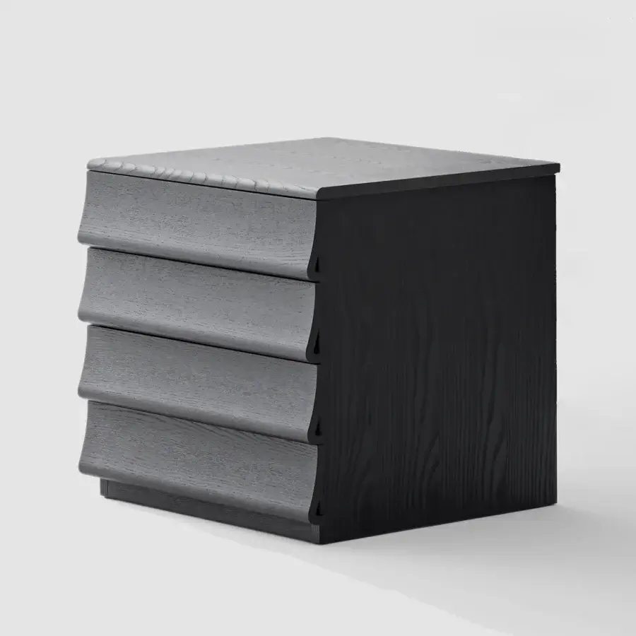 Distinguished Bolzan Letti Rideaux nightstand with curved ash wood drawers and contrasting darker panels in a matte finish