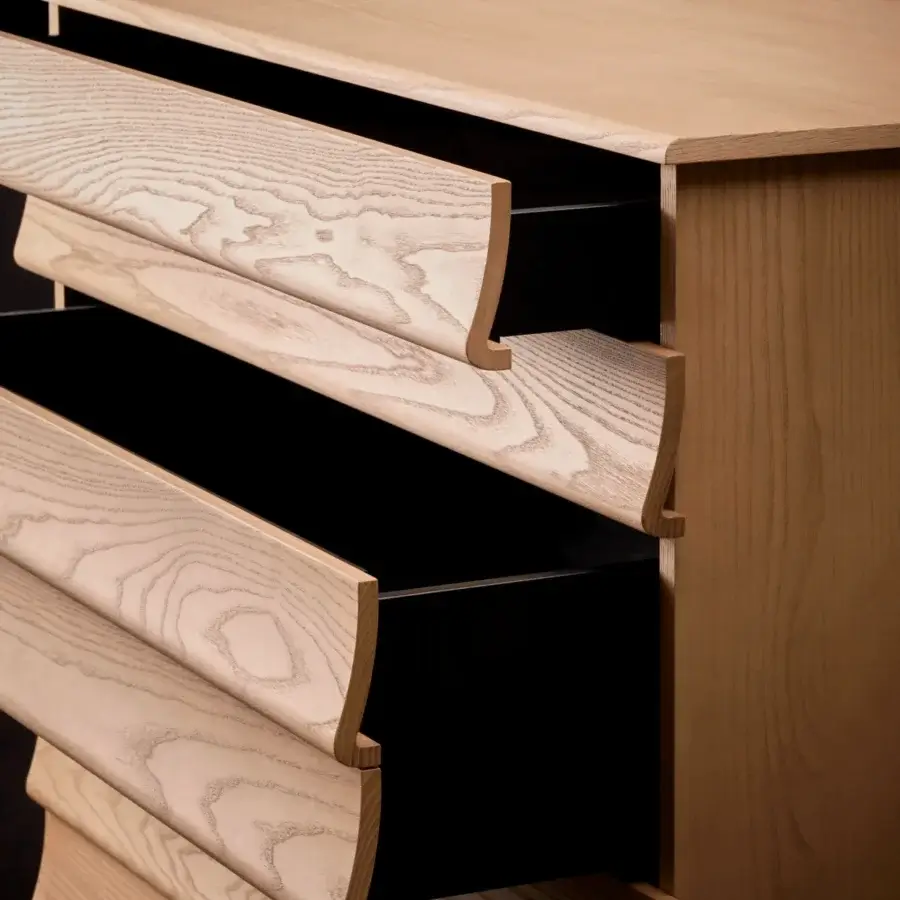 Distinguished Bolzan Letti Rideaux dresser crafted from ash wood with a smooth finish and cascading wooden draperies