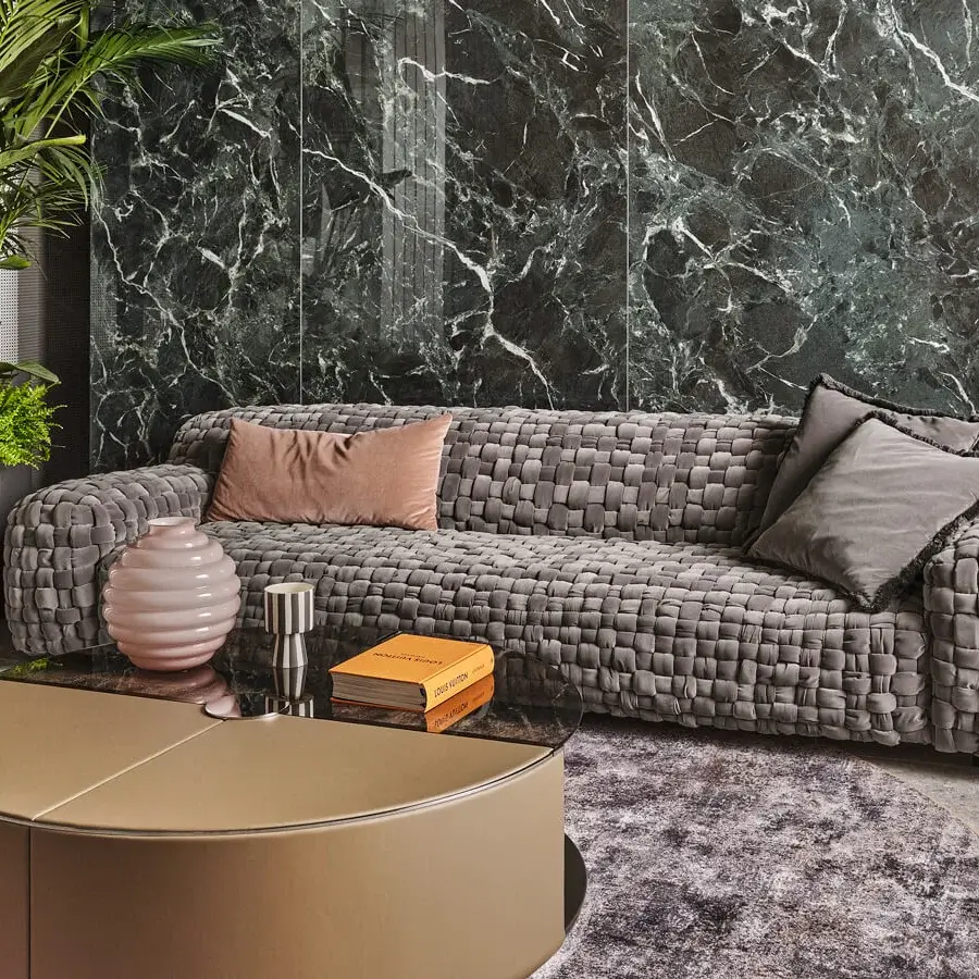Distinctive Turri Azul sofa crafted in muted gray velvet with a meticulous macro weave for contemporary spaces