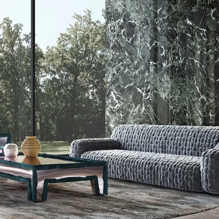 Superior Turri Azul sofa crafted in unique hand-woven gray velvet with rounded geometric form