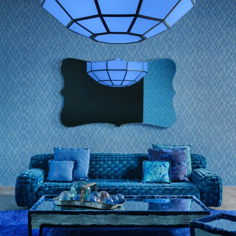 Lavish Turri Azul sofa handcrafted in blue velvet with a unique macro weave and contemporary form