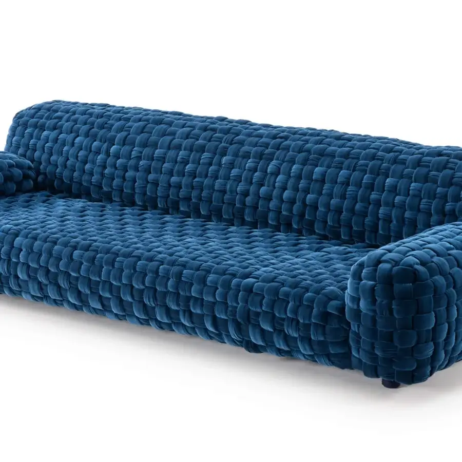 Lavish Turri Azul sofa presents handcrafted artistry with a deep blue velvet macro weave for a comfortable aesthetic