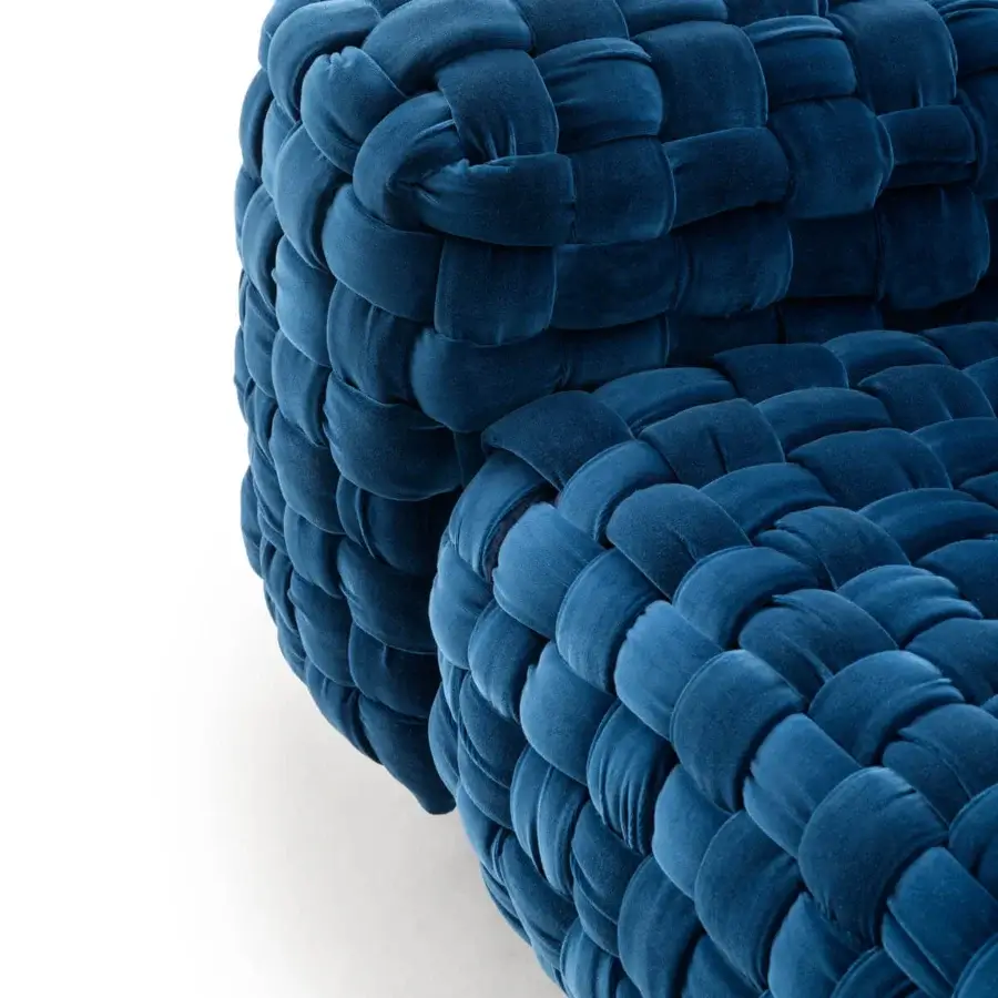 Exclusive Turri Azul sofa showcases handcrafted macro weave in elegant blue velvet creating a welcoming form
