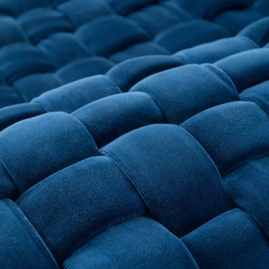 Distinctive Turri Azul sofa showcases handcrafted macro weave in elegant blue velvet with interwoven padded strips