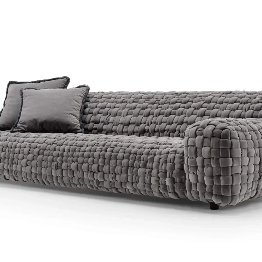 Superior Turri Azul sofa showcases a unique macro weave in elegant gray velvet with rounded geometric form crafted in Italy
