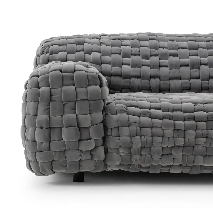 Exceptional Turri Azul sofa exhibits a hand-woven macro weave in plush gray velvet with a matte finish
