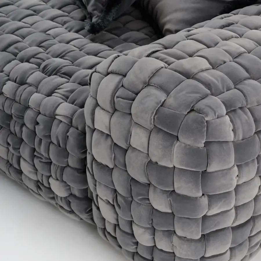 Distinguished Turri Azul sofa presents a handcrafted macro weave in uniform gray velvet, shaping atmosphere with subtly imperfect form