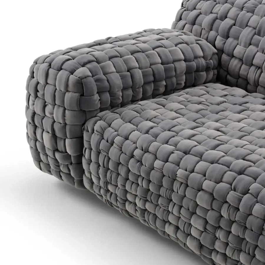 Superior Turri Azul sofa showcases a hand-woven macro weave in elegant gray velvet creating a contemporary form