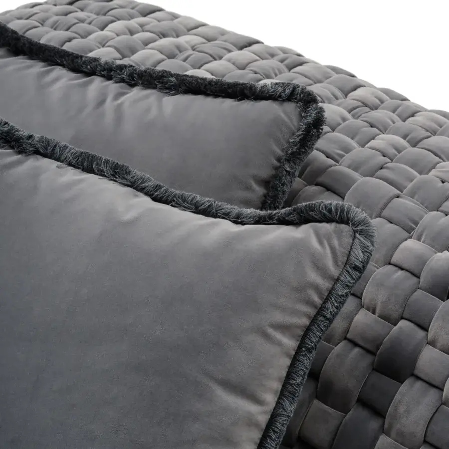 Lavish Turri Azul sofa presents a hand-woven gray velvet macro weave with fringed cushions, crafted for a uniquely inviting silhouette