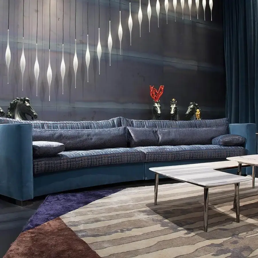 Elegant Erba Alchimia sectional upholstered in patterned blue weave with solid wood frame and polyester fibre covering