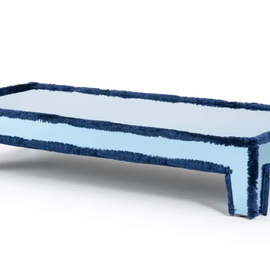 Distinctive Turri Azul coffee table with a soft pastel blue mirrored surface and contrasting dark blue piping