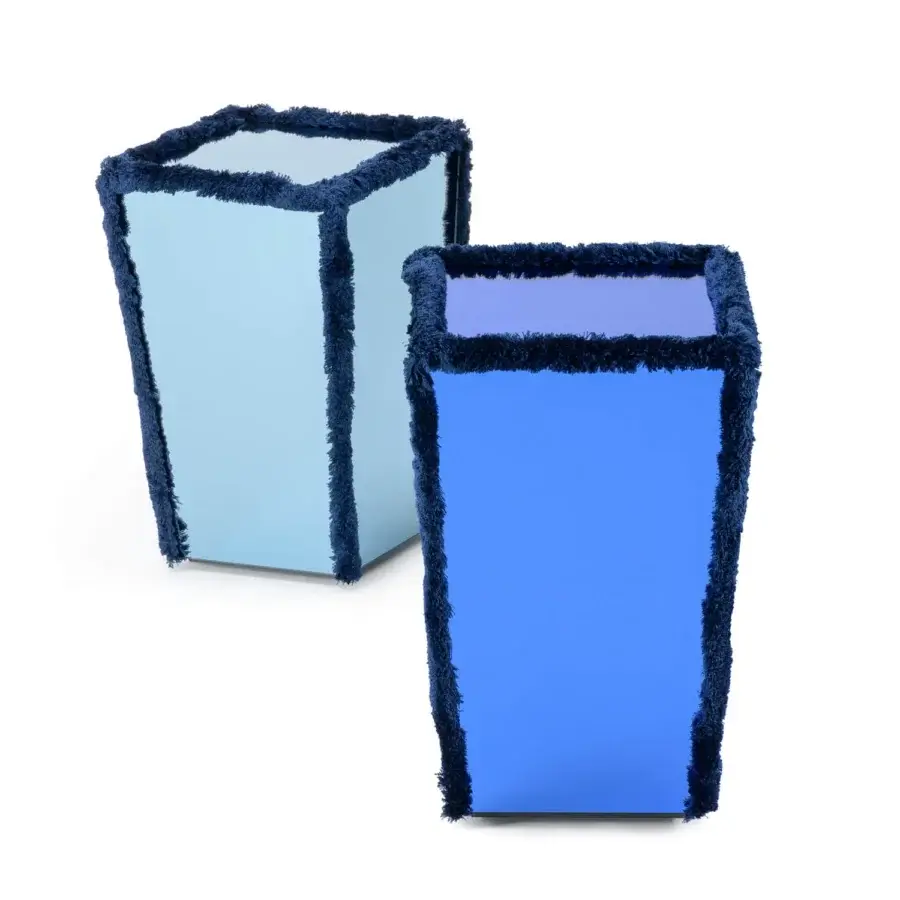 Distinctive Turri Azul side table with reflective blue mirrored body and darker trim piping crafted in Italy