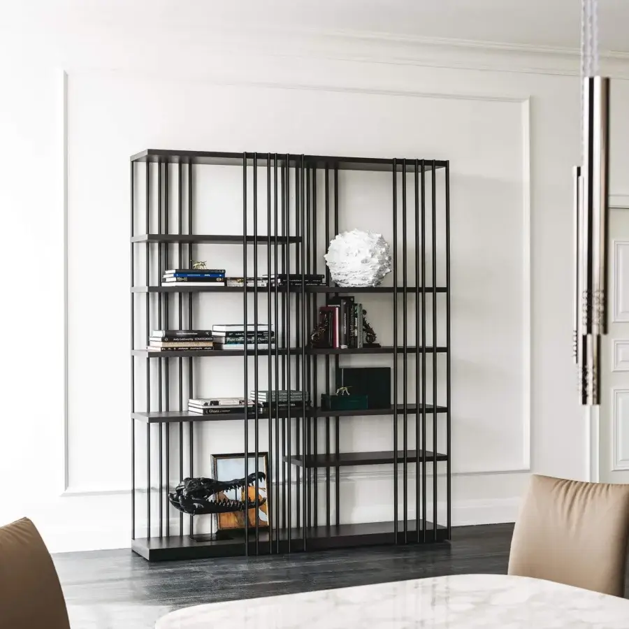 Distinguished Cattelan Italia Arsenal bookcase with graphite embossed lacquered steel and richly grained Burned oak shelves