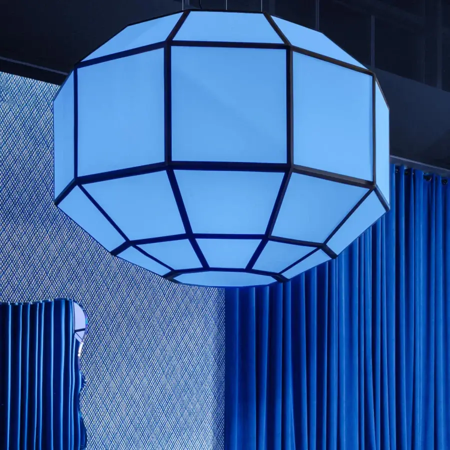 Distinguished Turri Azul suspension lamp with light blue opal plexiglass diffuser encased in a dark grey metal frame