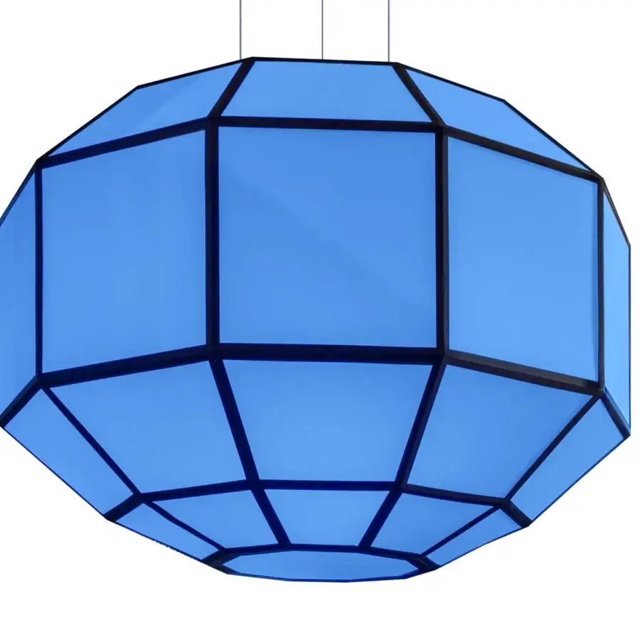 Elegant Turri Azul suspension lamp with a light blue opal plexiglass diffuser within a dark grey metal frame