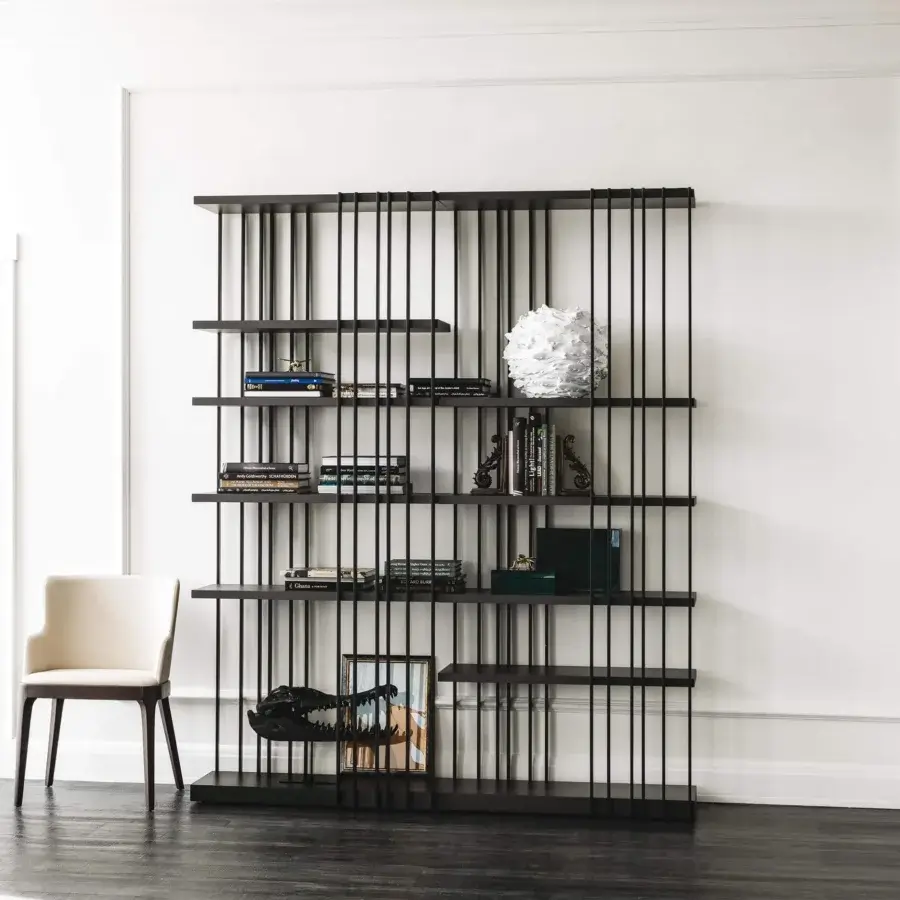 Elegant Cattelan Italia Arsenal bookcase with a graphite embossed lacquered steel frame and shelves in Burned oak finish