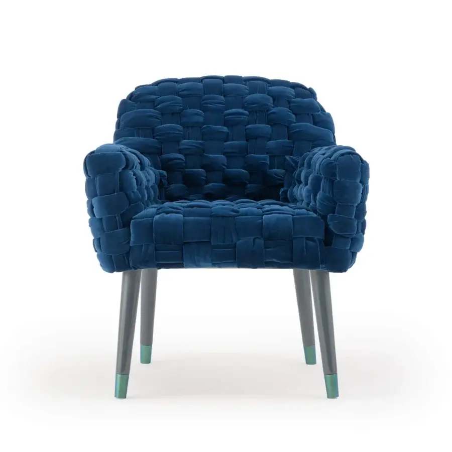 Superior Turri Azul armchair showcasing deep blue macro weave velvet with glossy monochrome lacquered polyester legs