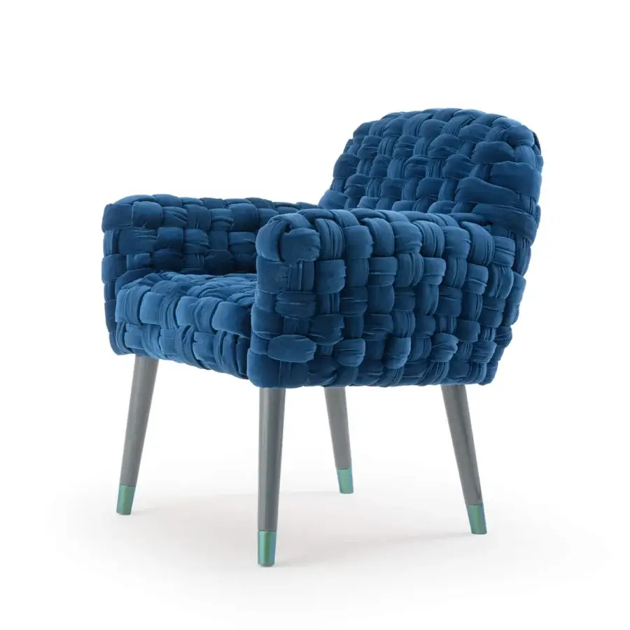 Distinctive Turri Azul armchair upholstered in plush woven blue velvet with glossy monochrome lacquered polyester legs