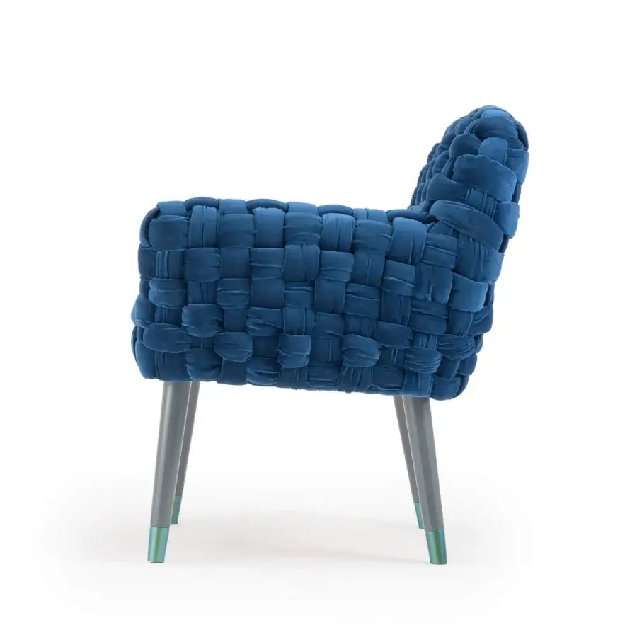 Innovative Turri Azul armchair with macro weave deep blue velvet and glossy monochrome lacquered polyester legs