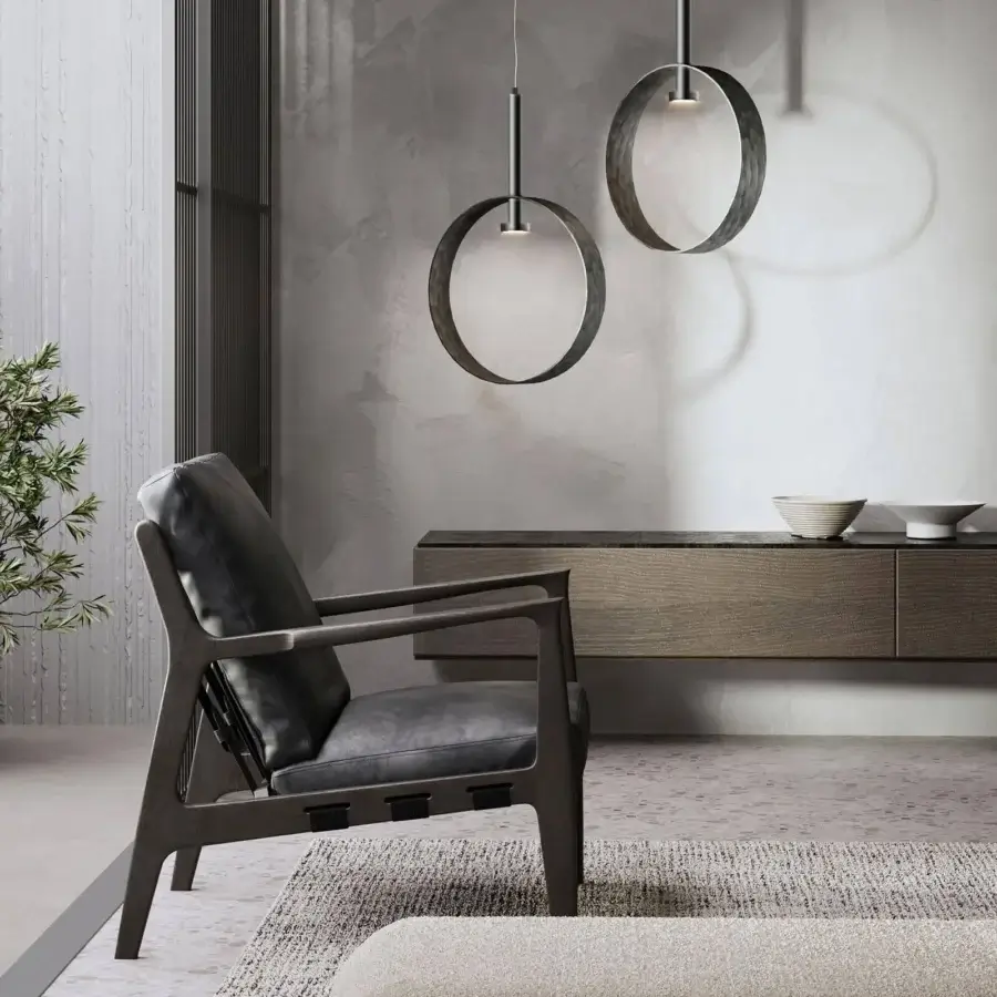 Exceptional Stillux Eclipse suspension lamp with a dark gray hammered metal ring creating a captivating halo effect