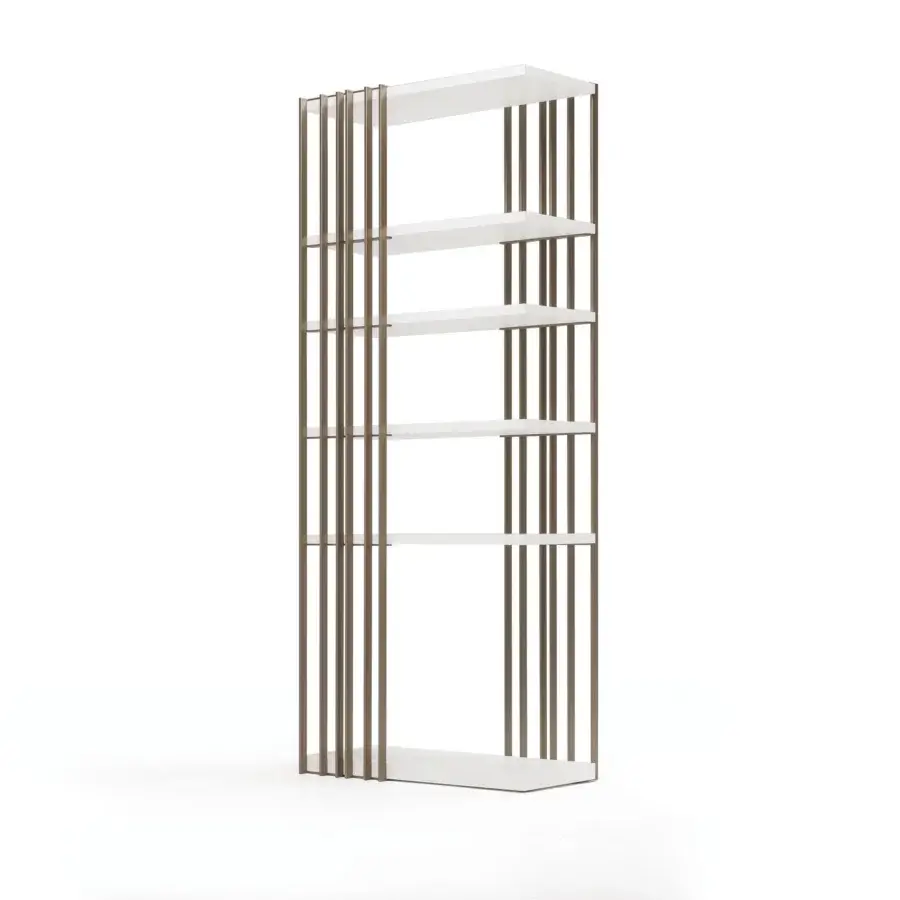 Exceptional Cattelan Italia Arsenal bookcase with a graphite embossed lacquered steel frame and matte white shelves built with bronze tone metal bars