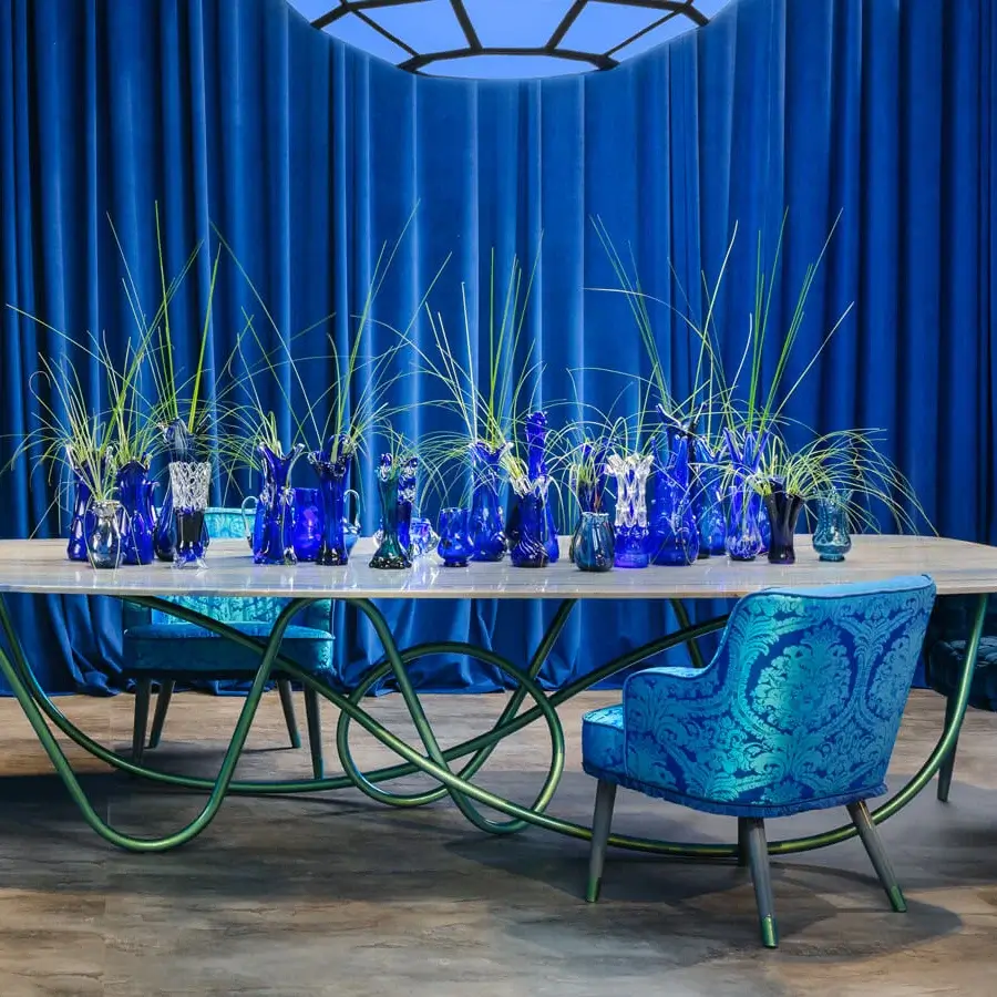Superior Turri Azul armchair with turquoise macro weave velvet upholstery and glossy monochrome lacquered polyester legs