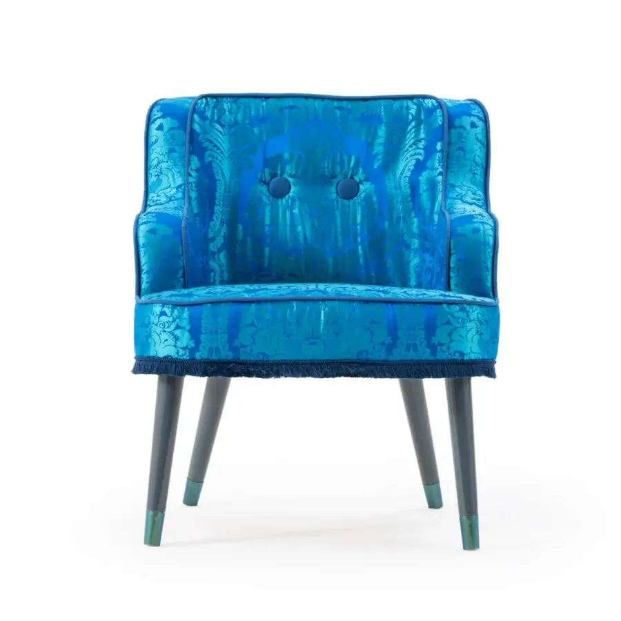 Elegant Turri Azul armchair with patterned textile upholstery, blue fringe detail and glossy monochrome lacquered polyester legs