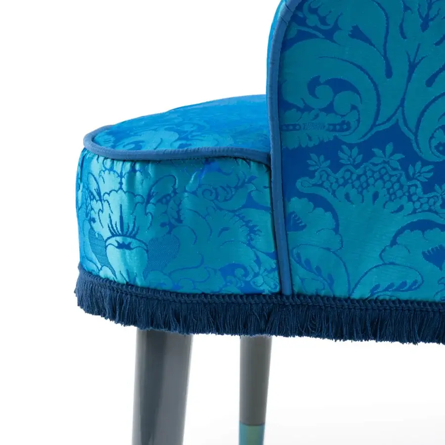 Exclusive Turri Azul armchair with turquoise and dark blue damask-like textile, glossy lacquered wooden legs with turquoise accent