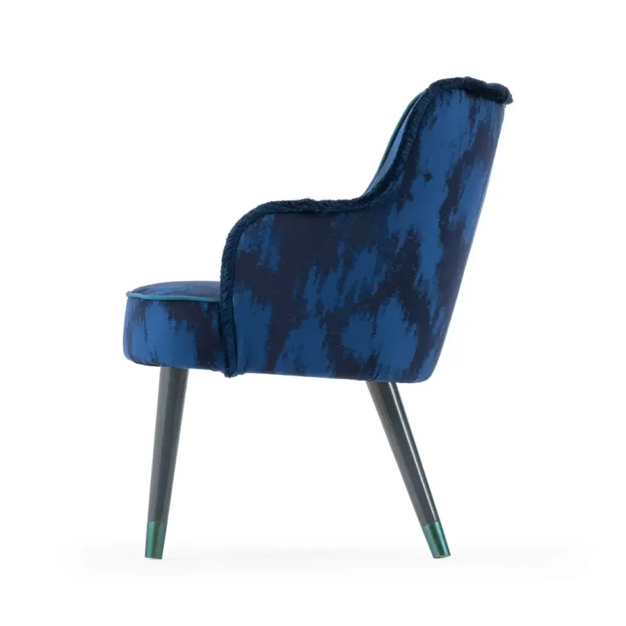 Distinguished Turri Azul armchair in deep blue marbled textile with stylish fringe and glossy lacquered polyester wooden legs